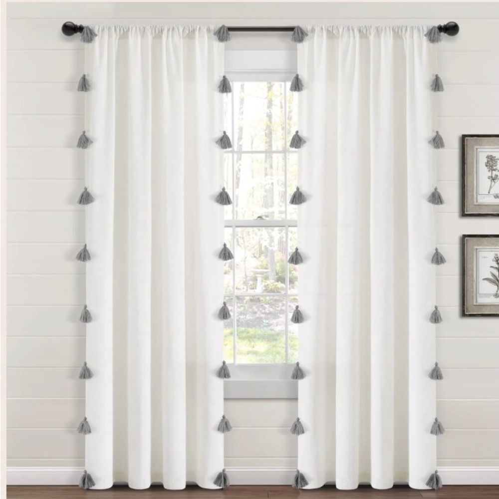 Hotel Collection Set of 2 White and Gray Luxury Tassel Curtains